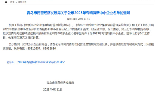 山东pg电子集团入围青岛市2023专精特新中小企业名单